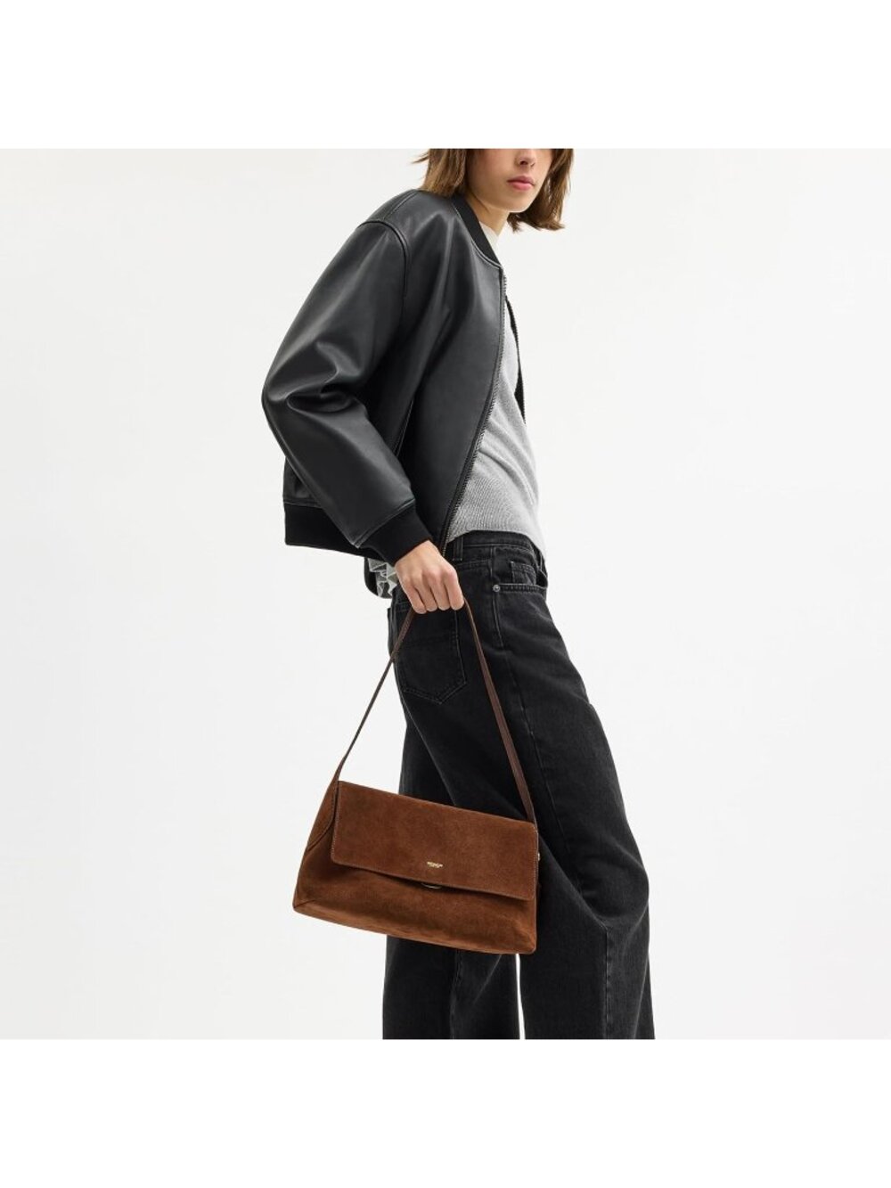 Women's Carmel Suede Grain Leather Push-lock ZIP Pocket Chelsea Shoulder Bag - Picture 2 of 6